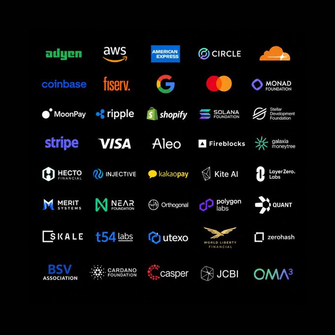 The image displays a grid of 40 company and organization logos on a black background, including AWS, Google, Visa, Mastercard, Stripe, Coinbase, Ripple, Circle, American Express, Adyen, MoonPay, Shopify, the Cardano Foundation, and others. It visually represents the diverse coalition of founding members of the x402 Foundation, with Cardano featured alongside major tech, finance, and crypto industry players.