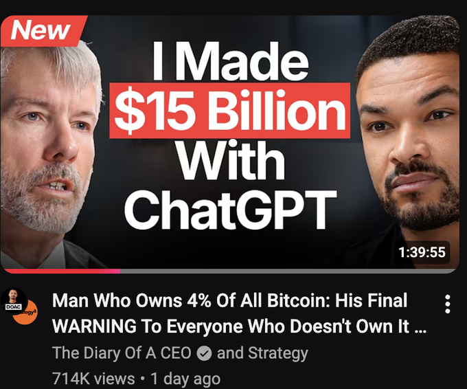 A YouTube thumbnail from 'The Diary Of A CEO' featuring Michael Saylor with the title 'I Made $15 Billion With ChatGPT' and subtitle about a man who owns 4% of all Bitcoin giving a final warning, with 714K views.