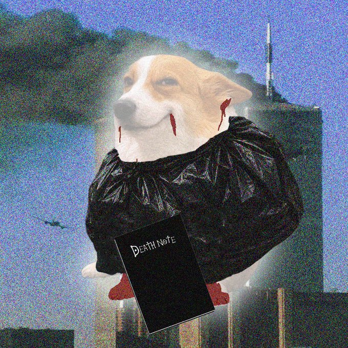 The image shows a stylized, photoshopped Corgi with blood streaks resembling the Shinigami Ryuk from Death Note, hovering over a city skyline while clutching a black book labeled "Death Note." The eerie, ominous "demonic dog" figure visually pairs with the post's ominous, prophecy-like tone—suggesting that any bears or skeptics will be "killed off" by a bullish market reveal between 5–7 PM UTC.