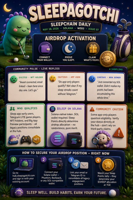 The image features a poster for a game called "Sleepapogchi" with a cartoon character of a green dinosaur holding a golf club, surrounded by various objects such as a laptop, a book, and a teddy bear. The poster also includes information about the game's rewards system, which involves connecting to the Solana wallet and linking your email or Telegram account before the game opens its loyalty hub. This encourages players to engage with the game and potentially earn rewards for their participation.