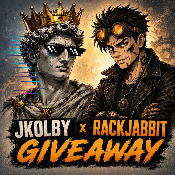The image features two cartoon characters, one wearing sunglasses and a crown, and the other dressed in a leather jacket with goggles. They are standing next to each other against an orange background. The text at the bottom of the image reads "Doing a 1 SOL GIVEAWAY! 0.25 to 4 people who: Follow @jKolby & @rack_jabbit & Drop a LIKE & RT & Tag 2 friends & Drop Solana wallets below Winners announced in 48 hours".