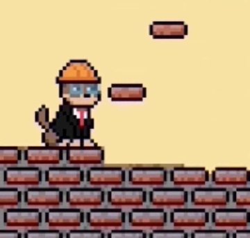 A pixel art character wearing a construction hard hat and a business suit stands on a brick platform with floating bricks above, resembling a retro platformer game.