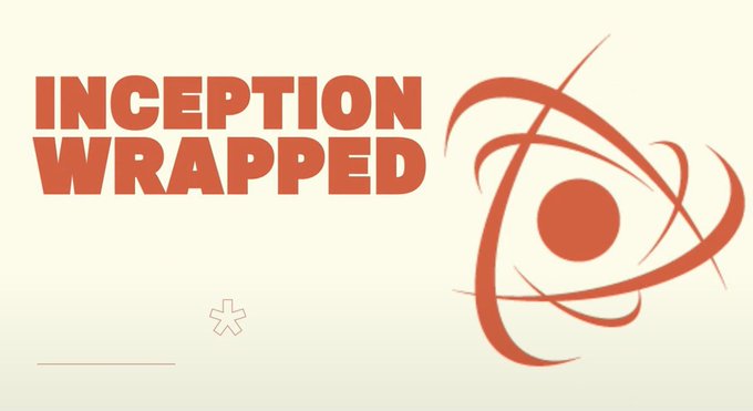 The image features the text "INCEPTION WRAPPED" alongside an orange atomic-style logo with orbiting rings, serving as a promotional header for the DAC Testnet's conclusion and player stats summary, similar to Spotify Wrapped but for blockchain testnet performance metrics.