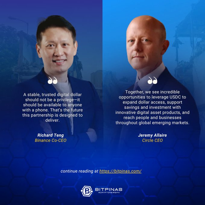A BitPinas promotional graphic featuring quotes from Binance Co-CEO Richard Teng and Circle CEO Jeremy Allaire about a partnership to expand USDC and digital dollar access, directing readers to https://bitpinas.com/ for more.