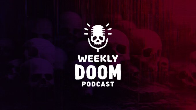Logo for the 'Weekly Doom Podcast' featuring a skull microphone icon set against a dark red background with multiple skulls.