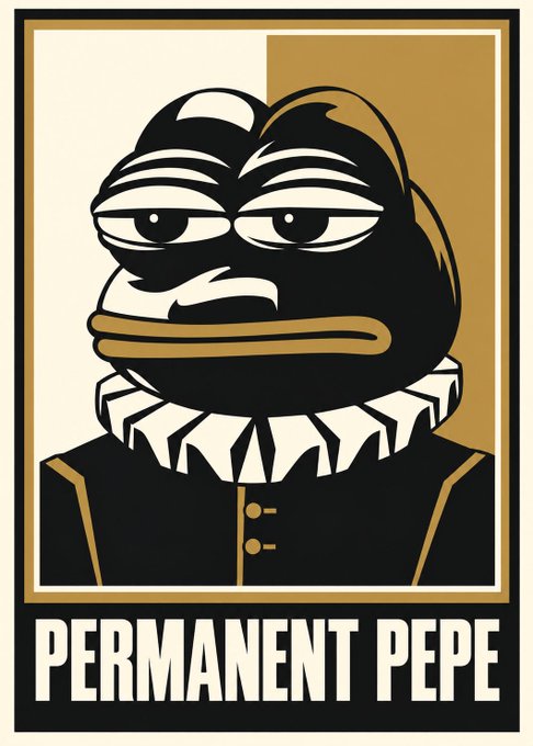A stylized poster-style illustration of the Pepe the frog meme depicted as a Baroque-era noble with a frowning expression, wearing a ruffled neck collar, captioned 'PERMANENT PEPE'.
