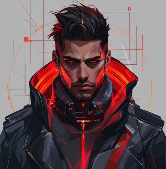 A digital art portrait of a stern-looking man with dark hair, glowing red eyes, and a futuristic red and black jacket.