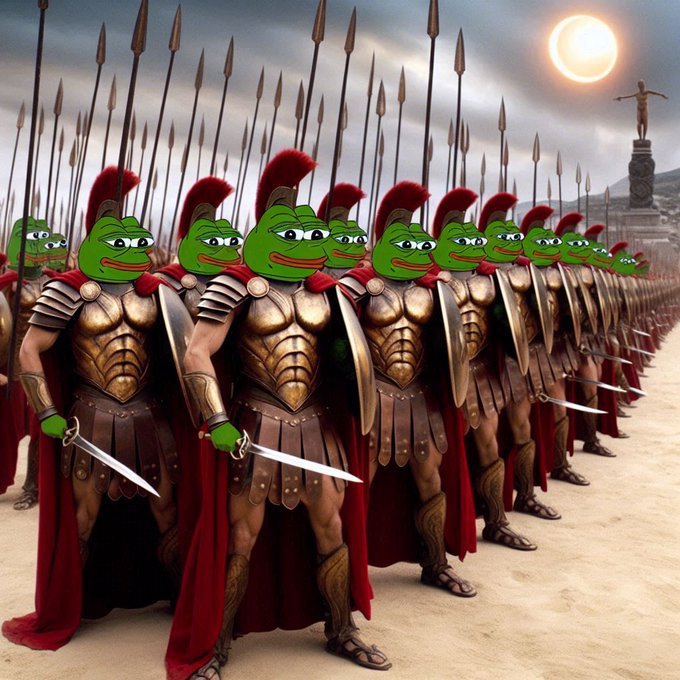 A humorous image depicting a row of ancient Roman soldiers in full armor with red capes, spears, and swords, but with the heads of Pepe the Frog photoshopped onto their bodies.