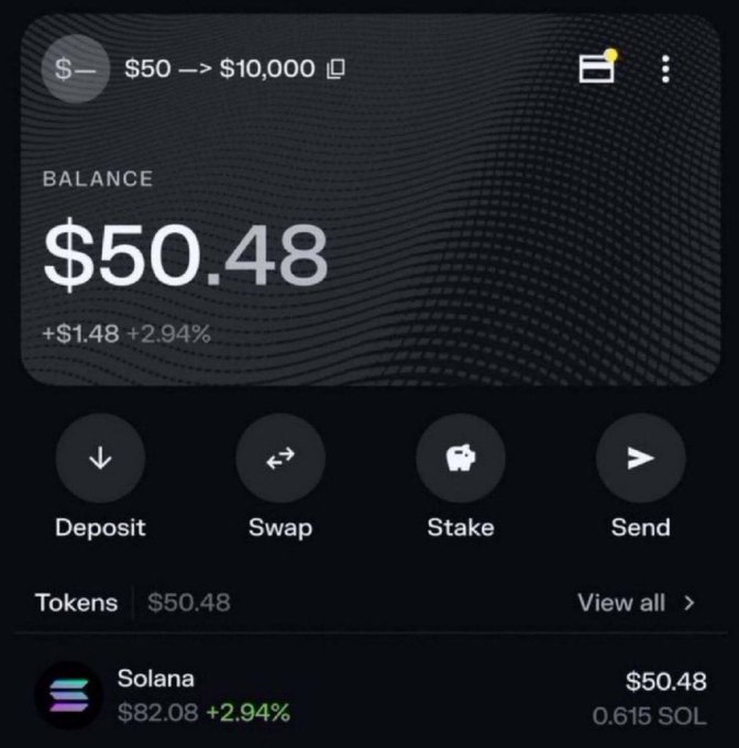 A crypto wallet screenshot shows a starting balance of $50.48 in Solana (0.615 SOL), with the post announcing a "$50 to $100,000 challenge" giveaway where the author will fund 100 participants' starting $50.