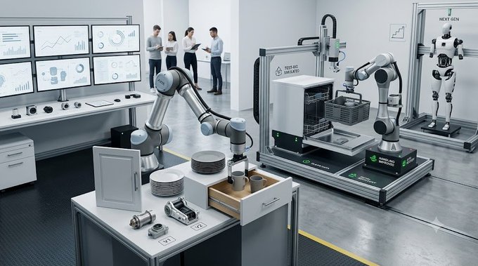 The image shows a large room with several people standing around, some of them working at desks while others are engaged in conversations. There are two robots present in the scene - one located near the center of the room and another towards the right side. The room also features multiple TVs mounted on the walls, displaying various data or information. A computer mouse can be seen resting on a desk, indicating that it is being used for work purposes. Overall, this image conveys an atmosphere of collaboration and productivity in a modern workspace.