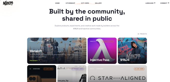 The image shows the redesigned landing page of n1nj4.fun, featuring a "Built by the community, shared in public" headline above a gallery of project cards including Metalsoft, Injective Pass, and a graffiti-style "NINJA" image. This visual directly supports the announcement of the site's UI refresh, showcasing the new community incubation page and dev events feed sections highlighted in the post.