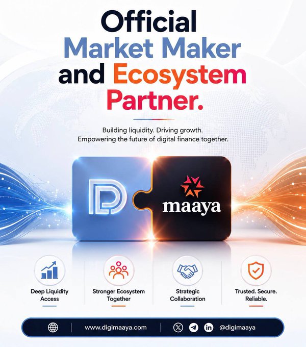 DigiMaaya and Digital Liquidity Partner (DLP) interlocking puzzle-piece graphic announcing their official Market Maker and Ecosystem partnership, featuring the tagline "Building liquidity. Driving growth. Empowering the future of digital finance together," alongside benefit icons for Deep Liquidity Access, Stronger Ecosystem, Strategic Collaboration, and Trusted. Secure. Reliable.