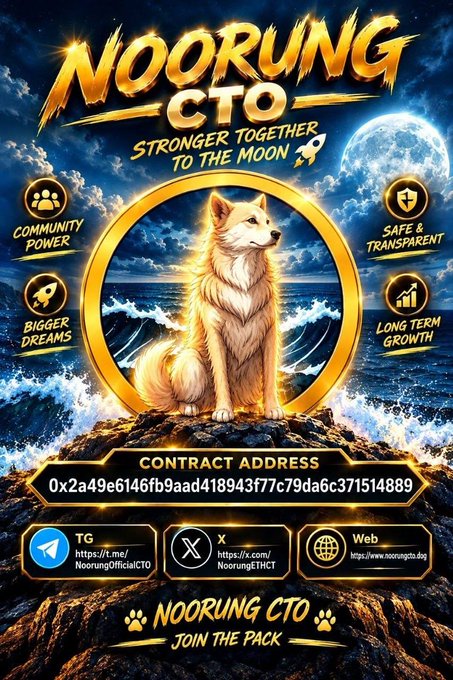 A promotional poster for the “Noorung CTO” token shows a Shiba Inu-like dog before ocean waves and a moon, with the slogan “Stronger Together to the Moon” and the contract address **0x2a49e6146fb9aad418943f77c79da6c371514889**. It highlights **community power, bigger dreams, safe & transparent, and long-term growth**, linking directly to the accompanying post’s claim that @NoorungETHCTO could be a strong Ethereum entry.
