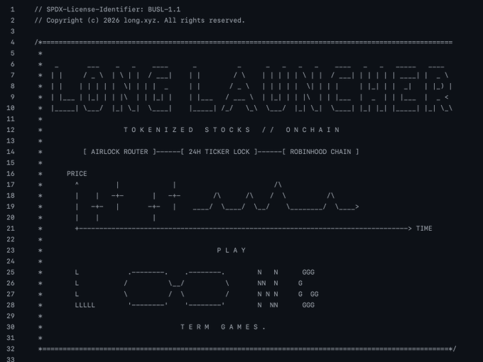 ASCII art banner for "LONG LAUNCHPAD" featuring "TOKENIZED STOCKS // ONCHAIN" with a price chart and "PLAY" game diagram showing L-shaped and N/G letter formations, paired with Robinhood Chain and Airlock Router references, visually representing the tokenized stock launchpad platform being launched on LONG.