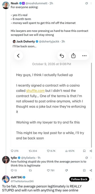 A Twitter screenshot shows Noah (@noahdummett) revealing he signed a contract with shuffle.com prohibiting online posts, alongside a quoted post from Jack Doherty (@dohertyjackk) announcing his return soon.