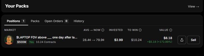 A 'Your Packs' trading interface showing a market position for '$LAPTOP FDV above ___ one day after la...' priced at $8.18 with a +172.89% gain from a $2.99 investment.