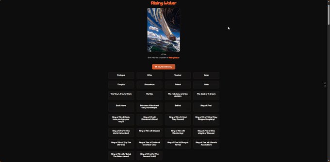 The image displays a webpage titled "Rising Water" featuring a book cover of a ship emerging from the ocean against a dramatic sky, with an orange "Start Reading Now" button below. Beneath the button is a grid of blue buttons listing various chapters and merge options (e.g., "Prologue," "Elfin," "Birdsongs," "The Char's Second Truth"), corresponding to the announcement of a new chapter release—"CH30: The Second Truth from Ring of Fire XV"—available on Sempai HQ Originals.