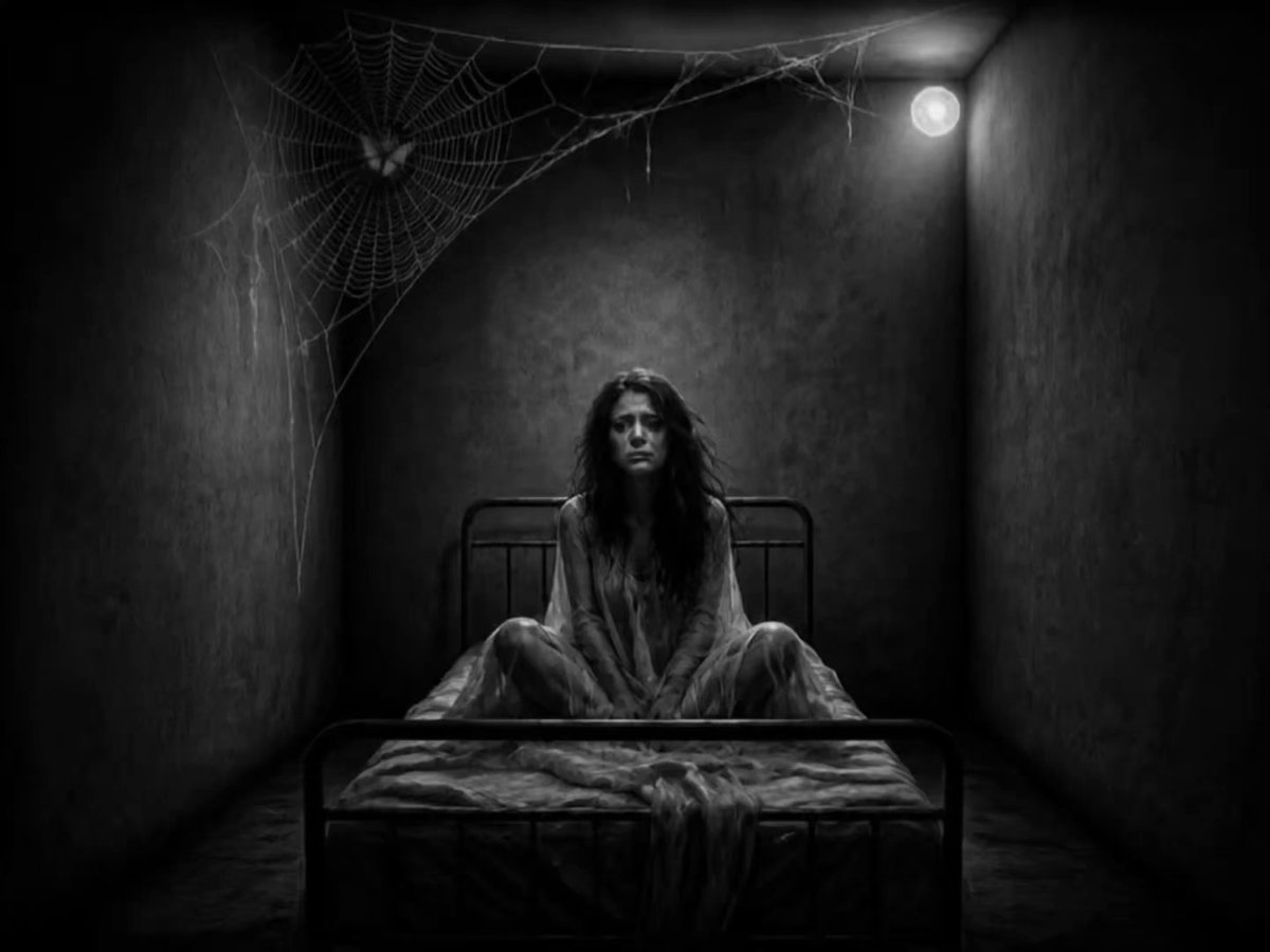 The image depicts a woman sitting alone in a small, dark room with a bed against one wall. The room has a spider web design hanging from the ceiling, adding an eerie atmosphere to the scene. The photo appears to be taken at night or during a power outage, as there is no visible light source. The overall mood of the image seems to be somber and introspective, reflecting the woman's internal emotional state.