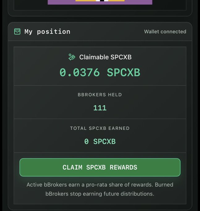 A "My position" dashboard with a connected wallet shows 0.0376 Claimable SPCXB, 111 Brokers Held, and 0 SPCXB earned, with a green "Claim SPCXB Rewards" button—visually confirming the user's 111 minted bBroker NFTs now make them eligible to claim proportional SPCXB reward distributions.