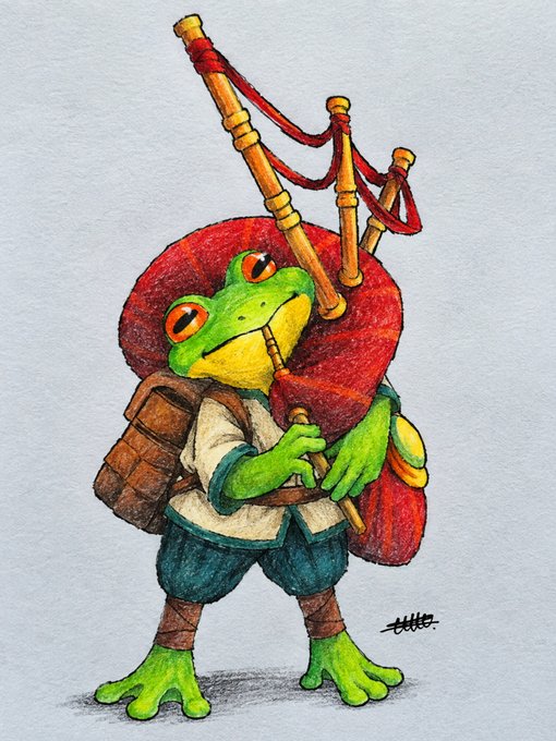 A watercolor and colored pencil illustration depicts a green anthropomorphic frog character wearing a red hat and clothing, carrying bagpipes on its back and a small satchel, with the artist's signature visible in the corner.