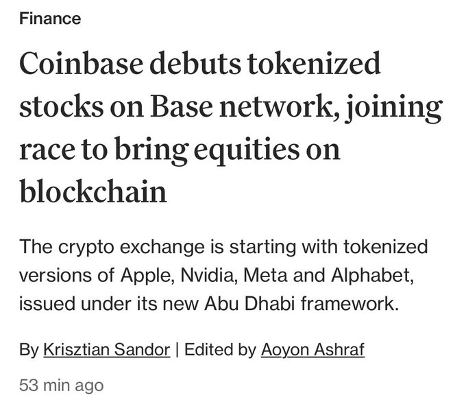 The image shows a news headline from a Finance section reading "Coinbase debuts tokenized stocks on Base network, joining race to bring equities on blockchain," with a subhead noting the exchange is launching tokenized versions of Apple, Nvidia, Meta, and Alphabet under its Abu Dhabi framework, written by Krisztian Sandor and edited by Aoyon Ashraf. The headline relates to the accompanying post about Coinbase partnering with Chainlink ($LINK) to provide price data for its tokenized $COIN shares, enabling DeFi use cases like collateral and trading on the Base network.