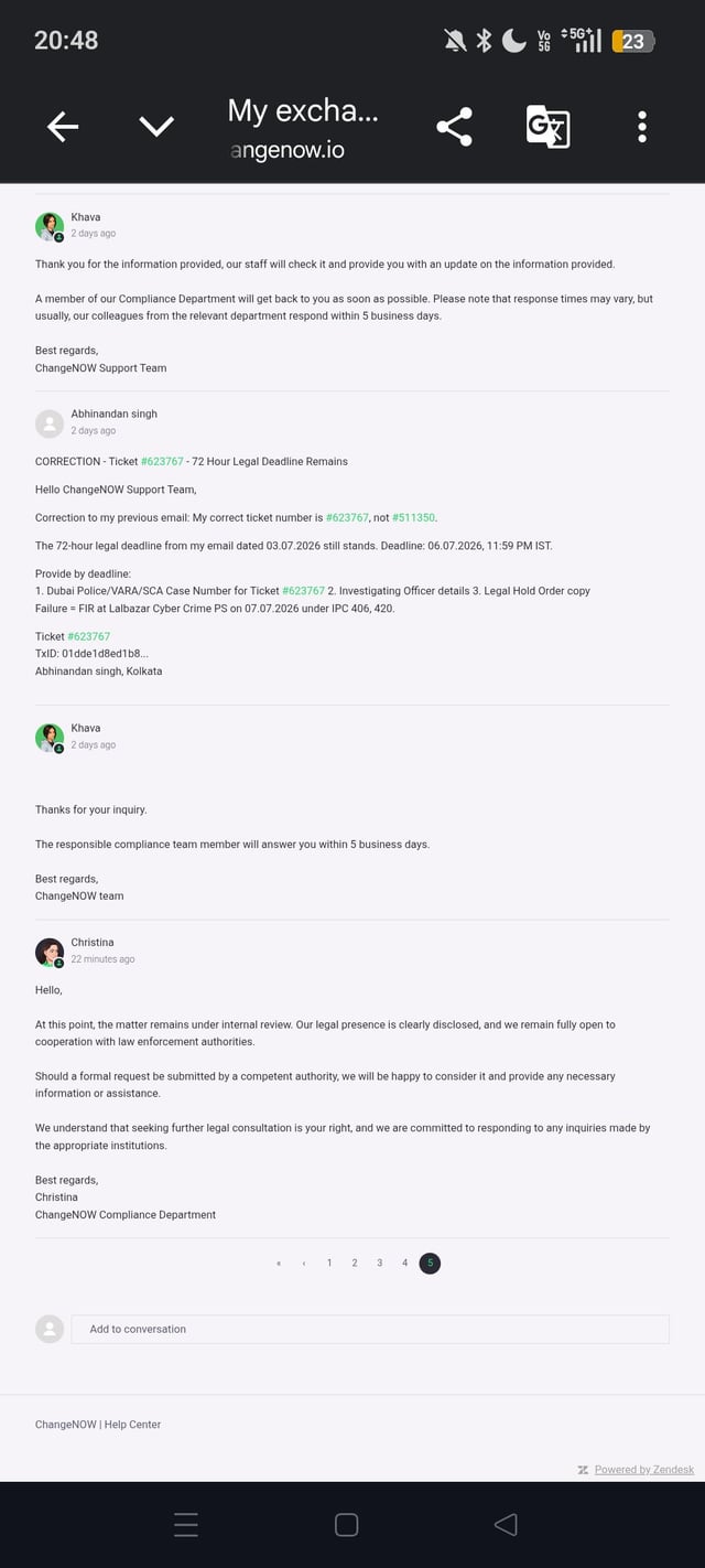 A screenshot of a ChangeNOW support conversation showing ticket #623767, where user Abhinandan Singh repeatedly demands a 72-hour legal deadline response, and ChangeNOW agent Christina ultimately admits the matter remains under "internal review" with their legal presence clearly disclosed.