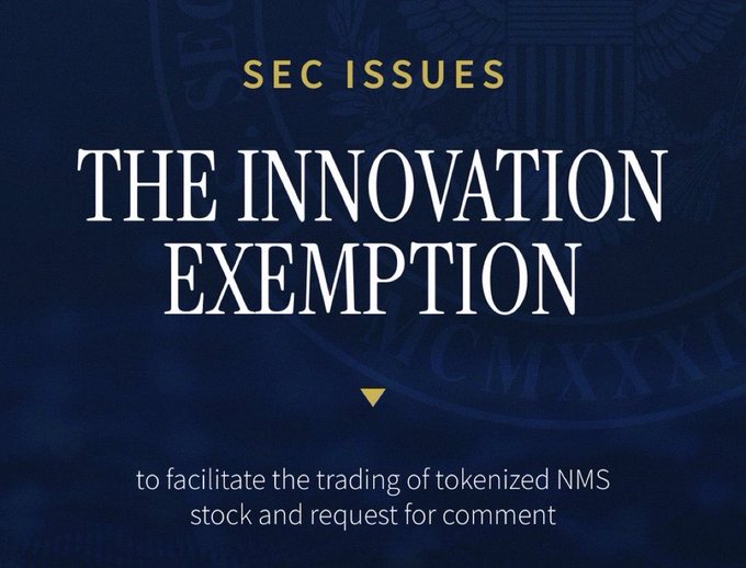 The image displays a dark blue graphic with an SEC seal background, featuring the text "SEC ISSUES" at the top and the headline "THE INNOVATION EXEMPTION" in large white letters, with the subtitle "to facilitate the trading of tokenized NMS stock and request for comment" below. This directly relates to the post by announcing the SEC's new regulatory framework, providing clear rules for the crypto market through the innovation exemption that allows trading of tokenized securities.