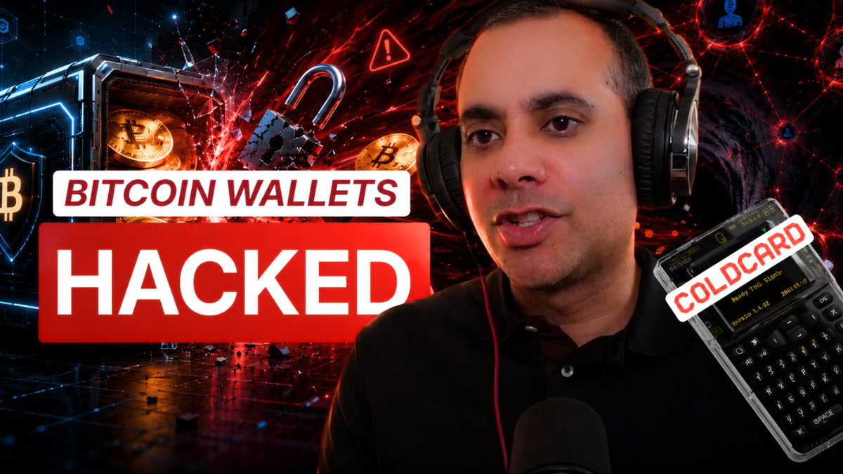 A YouTube thumbnail features a man wearing headphones alongside graphics of a broken safe with Bitcoin coins, an unlocked padlock, and a Coldcard hardware wallet, with bold text reading "BITCOIN WALLETS HACKED" and "COLDCARD"—visually illustrating the video's warning about a seed-generation flaw in Coldcard wallets that exposes Bitcoin holders to potential theft.