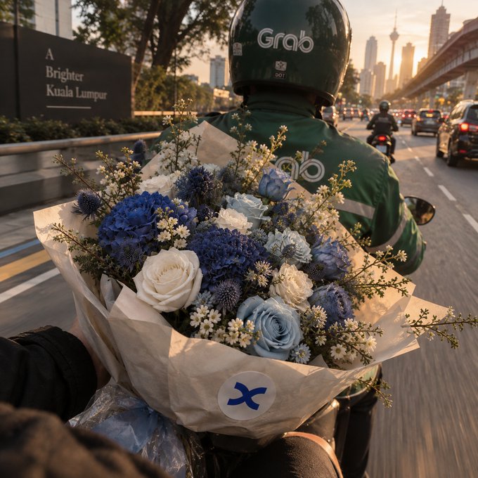 A Grab delivery rider in a green "Grab" helmet carries a bouquet of blue and white flowers while riding through Kuala Lumpur, with a sign reading "A Brighter Kuala Lumpur" visible in the background. The arrangement of blue blooms ties directly into the caption's "a little blue to start the day right," suggesting a cheerful, colorful delivery to brighten someone's morning.