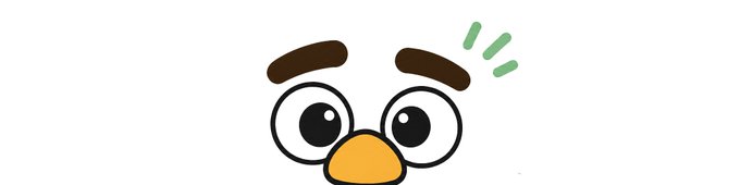 A close-up of a cartoon bird's face (resembling the Angry Birds franchise) showing wide, alert eyes with raised brown eyebrows and green lines indicating surprise or attentiveness, visually reinforcing the casual "just checkin' in" greeting.