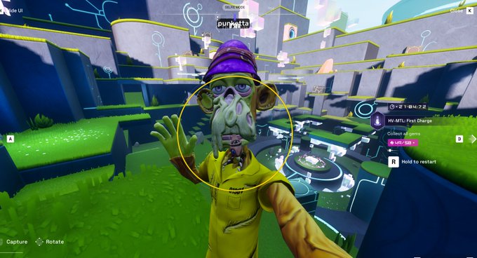 A first-person view from a video game showing a hand reaching toward a character in a yellow outfit with a purple hat and a white beard, with a username "punketta" visible at the top.