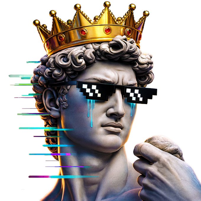 A classical statue of Michelangelo's David wearing a golden crown and pixelated "deal with it" sunglasses, with digital glitch effects and tears streaming down. The regal, meme-worthy image plays off the "giving away" crypto prize by portraying the giveaway as a majestic, almost royal event fit for a "king" of the crypto community.