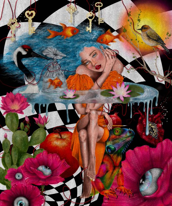 A surreal, vibrant digital collage featuring a woman in an orange dress sitting on a red apple, surrounded by elements like a chameleon, goldfish, a crane, keys, a tortoise, and large pink flowers against a black and white checkered background.