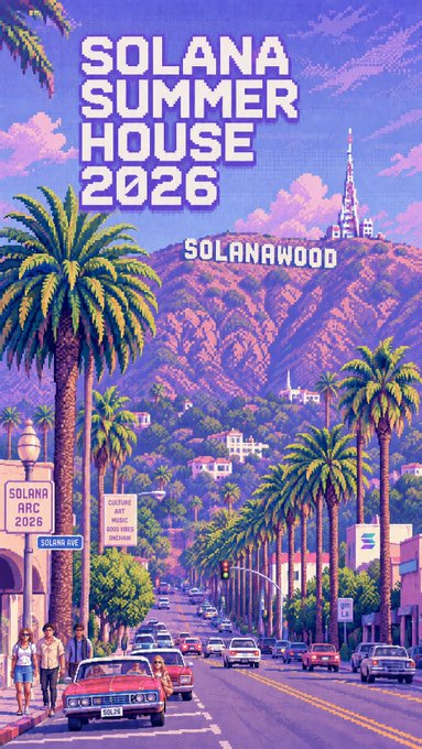 A retro-style pixel art poster for 'SOLANA SUMMER HOUSE 2026' in 'SOLANAWOOD,' depicting a palm-lined street with classic cars.