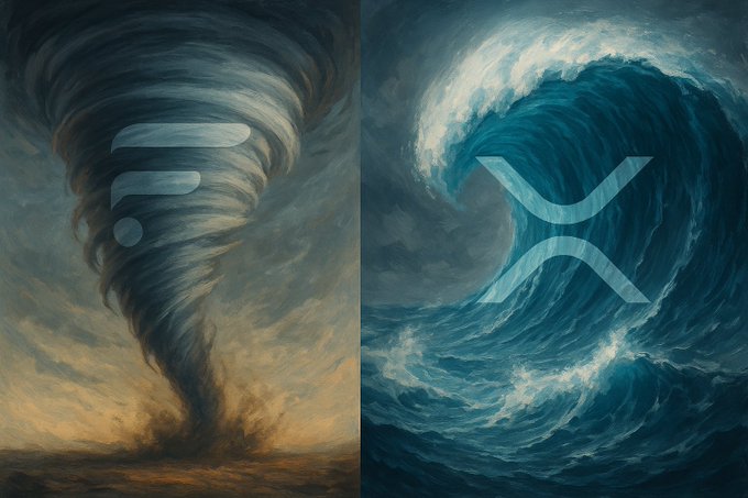 A dramatic side-by-side painting depicting a towering tornado on the left and a massive ocean wave on the right, overlaid with the Flare (FLR) and XRP logos respectively, visually representing the "calm before the storm" metaphor from the morning greeting to the crypto community.