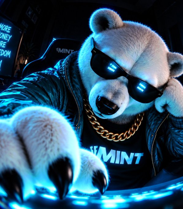 A stylized image of a white bear wearing sunglasses, a gold chain, and a jacket over a 'MINT' shirt, with its paws on a glowing blue surface.