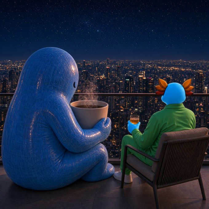 A 3D-rendered scene shows a large blue monster holding a steaming mug sitting next to a blue-headed figure in a green tracksuit on a balcony overlooking a city skyline at night.