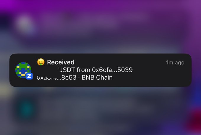 A crypto wallet notification shows "Received USDT from 0x6cfa...5039" on BNB Chain, with the amount hidden ("Uxac...") and timestamped "1m ago." This receipt of Tether tokens illustrates the poster's sentiment that web3 continued operating smoothly despite the situation referenced in their comment.