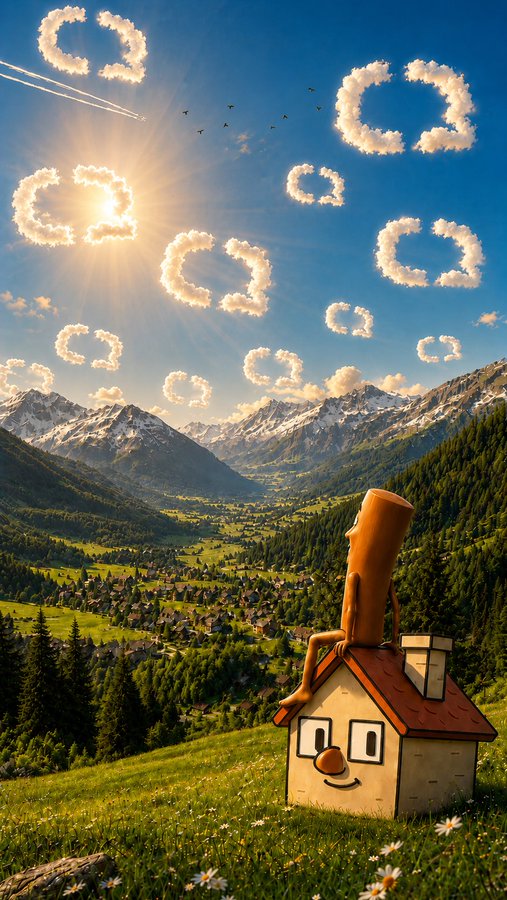 The image features a small, white house with a red roof situated in a lush green field surrounded by trees. The house has a smiling face painted on its front door, giving it a unique character. Above the house, there are numerous clouds floating around, creating an impression of a sunny day. In the background, there is a village that appears to be under attack with napalm baying down from above, adding a sense of danger and urgency to the scene. The post includes a reference to "Chillhouse" as part of its title, which could potentially be a reference to the house or the overall setting in the image.