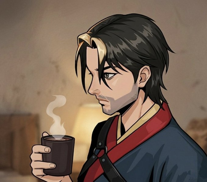 A stylized anime-style illustration of a man with dark hair wearing traditional clothing, holding a steaming cup of tea.