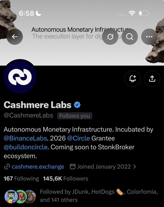 A Twitter profile for Cashmere Labs (@CashmereLabs), describing themselves as 'Autonomous Monetary Infrastructure' incubated by @BinanceLabs, with 145.6K followers and joined since January 2022.
