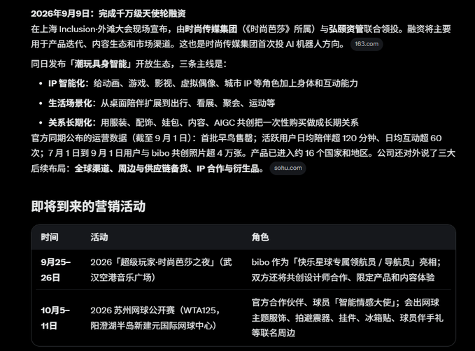 A Chinese-language news/report screenshot about a September 9, 2026 financing announcement, strategic cooperation, AI-related product lines, and upcoming marketing events, including the 2026 “超级玩家时尚芭莎之夜” and WTA 125 events.