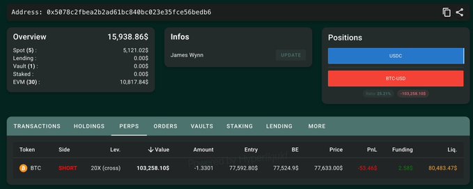 A cryptocurrency trading dashboard for James Wynn showing an overview of 15,938.86$, with a short BTC position showing a -53.44% PnL.