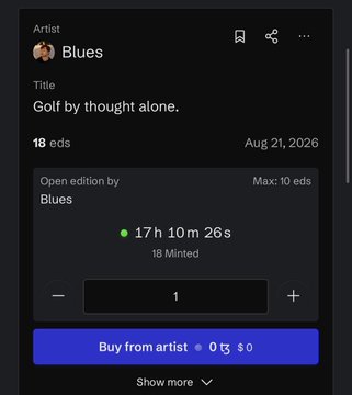 The image shows an objkt.com NFT minting page for "Golf by thought alone" by artist Blues, with the user successfully minting one of the 10 available editions (18 minted) at 0 tez, matching their celebratory post about the free mint on objktcom.