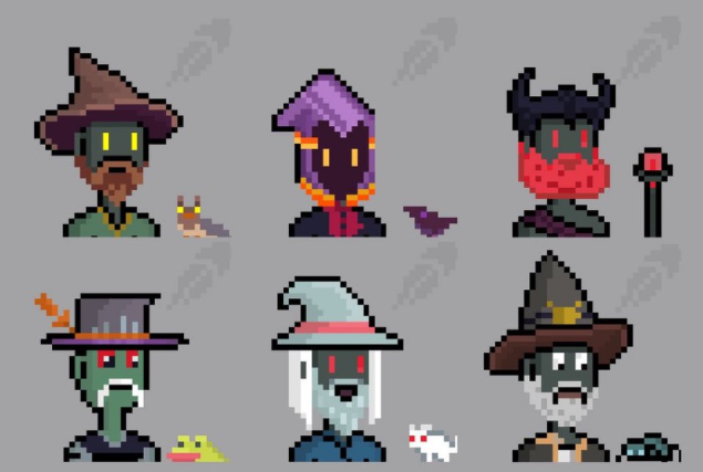 Six pixel art character portraits of dark, hooded figures with glowing eyes, accompanied by small animal or object sprites including a snail, bat, staff, frog, cat, and creature.
