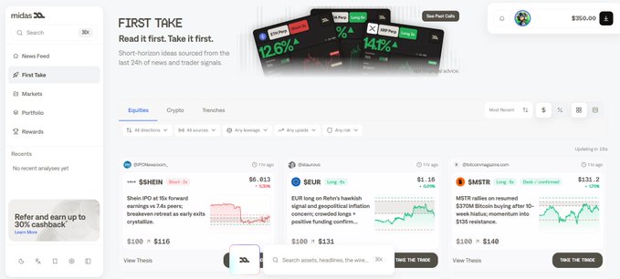 A screenshot of the Midas platform displays a 'First Take' section with short-horizon news and trading signals for SSEHN, $EUR, and $MSTR.