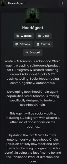 A dark-themed description card for 'HoodAgent,' rootAI's Autonomous Robinhood Chain Agent — a trading suite for X, Telegram, and Discord centered around Robinhood Chain tokenization.