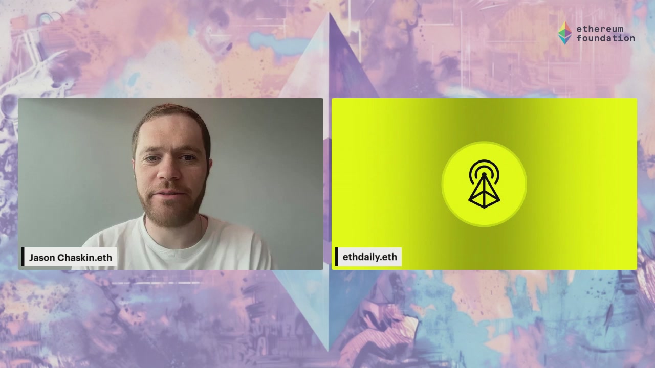 The image shows two men sitting across from each other at a table with a computer screen behind them displaying a video call between Jason Chockitkh and AbiYah. The background features a colorful abstract design, which adds an artistic touch to the scene. The text in the image includes the names of the speakers and the name of the platform they are discussing on.