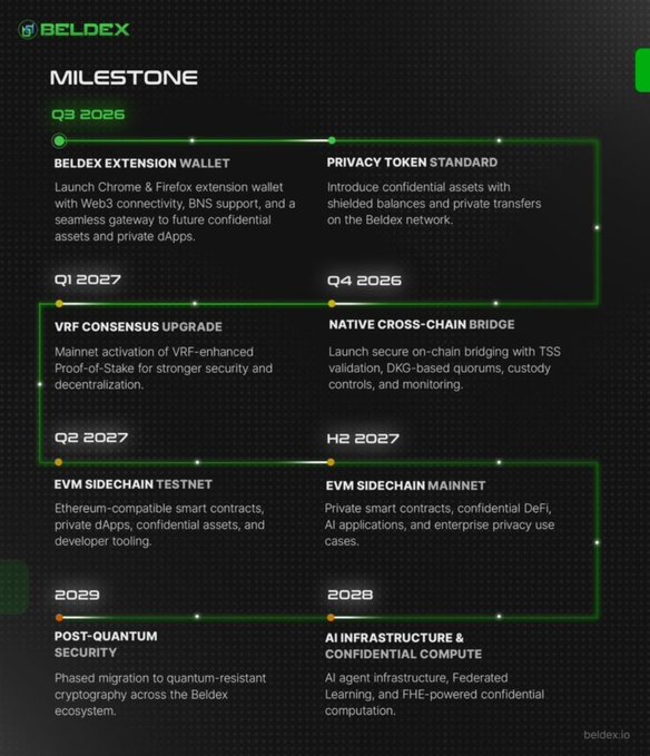 A Beldex project milestone roadmap from beldex.io detailing technical developments from Q3 2026 through 2029, including 'Beldex Extension Wallet', 'Privacy Token Standard', 'VRF Consensus Upgrade', and 'EVM Sidechain Mainnet'.