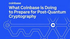 A blue graphic titled 'coinbase' with the headline 'What Coinbase is Doing to Prepare for Post-Quantum Cryptography' alongside a circuit-style logo.